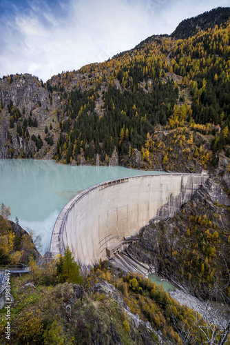 Landscape at Stausee Gibidum and Gebidem dam to power the Bitsch Electra-Massa storage power station from Alpiq with the meltwater from the Aletsch Glacier