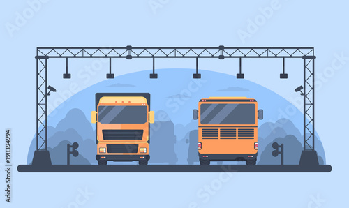 Toll higway. Toll gate construction. Arch for automatic charging on a toll road. Bus and lorry truck on roadway.
