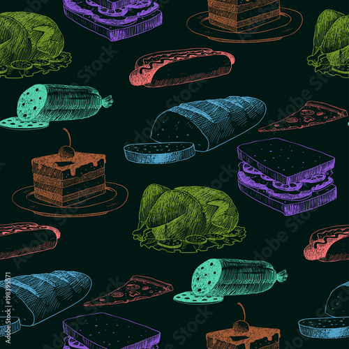Food sketch vector natural menu restaurant fresh hand drawn product and kitchen doodle meal cooking cuisine sketchy organic seamless pattern background illustration.