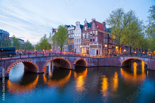 Amsterdam Canals West side at dusk. Netherlands