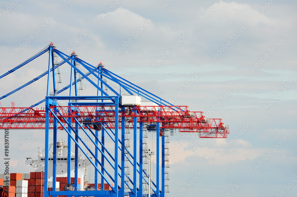 Port cargo crane, ship and container Port cargo crane, ship and container
