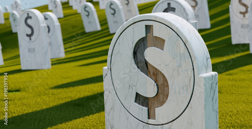cemetery with bit coin graves. 3d illustration. Concept of bit coin collapse. Rip