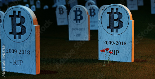 cemetery with bit coin graves. 3d illustration. Concept of bit coin collapse. Rip