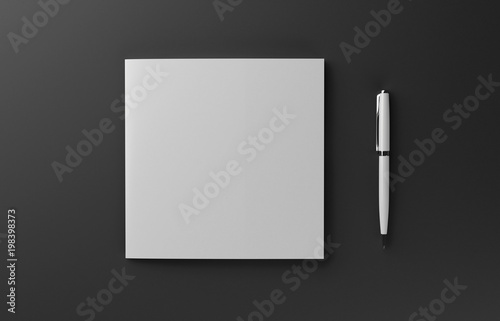 Blank photorealistic booklet with pen mockup isolated on black background, 3D illustration.