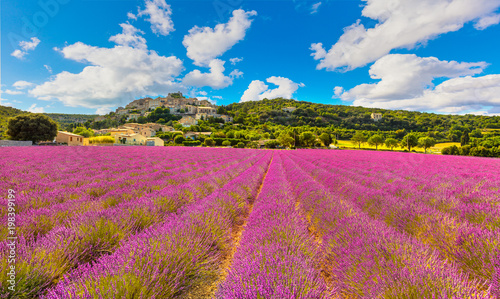 Simiane la Rotonde village and lavender panorama. Provence  France