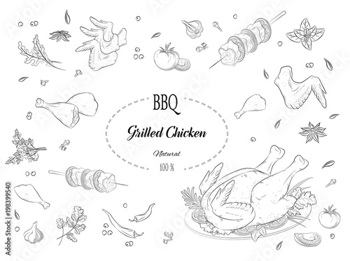 Grilled chicken, meat, barbecue, spices and herbs 
