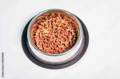Pet food in a metal bowl on a floor isolated on white