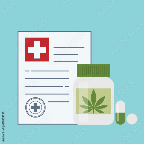 Bottle with medical marijuana and Medical cannabis pills - marijuana tablets. Medical marijuana in Healthcare a prescription for medical marijuana. Certificate. Safety. Quality. Legalization. Vector.