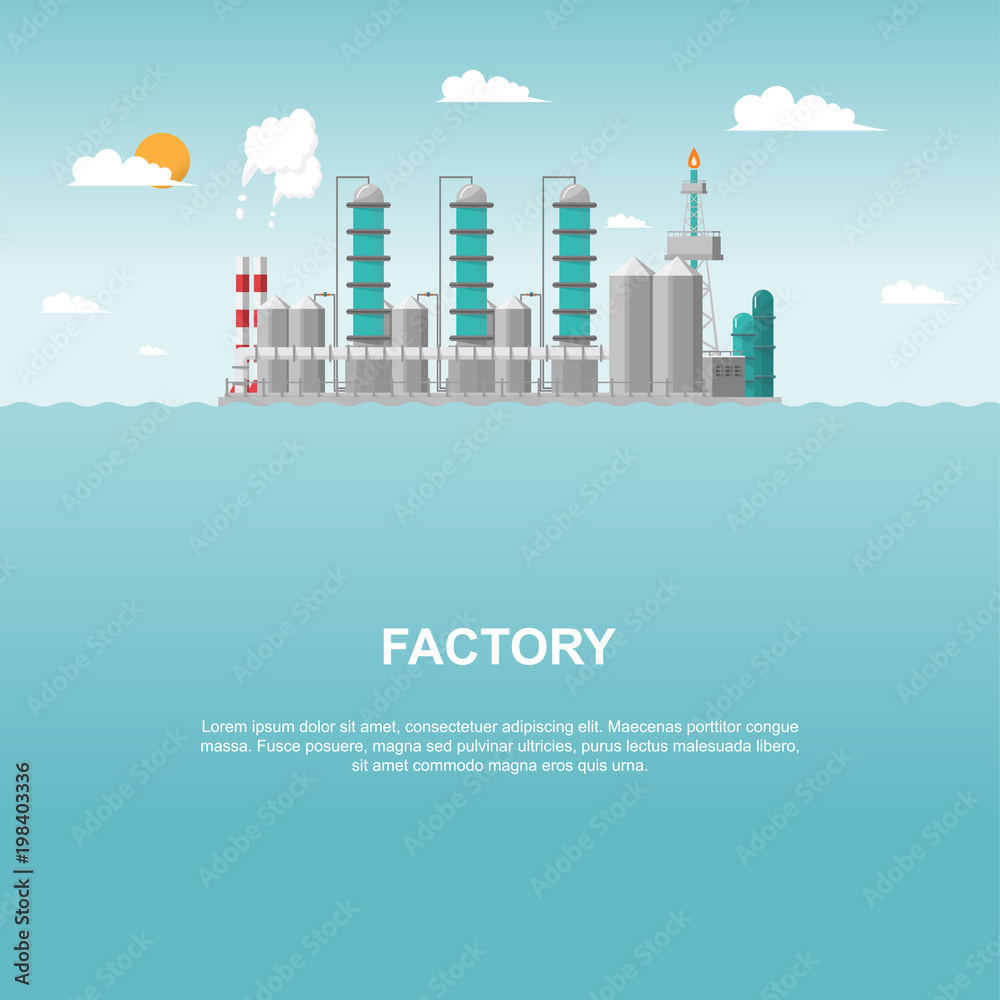 Industrial factory in the sea on flat style. Vector and illustration of manufacturing building