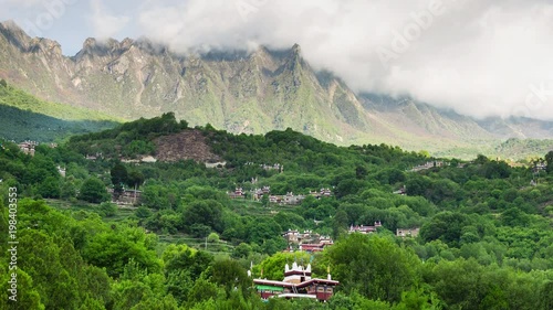 Danba Tibetan Villages on blue sky,  Jaiju Zangxhai Village, Sichuan, China. 4K Time lapse 