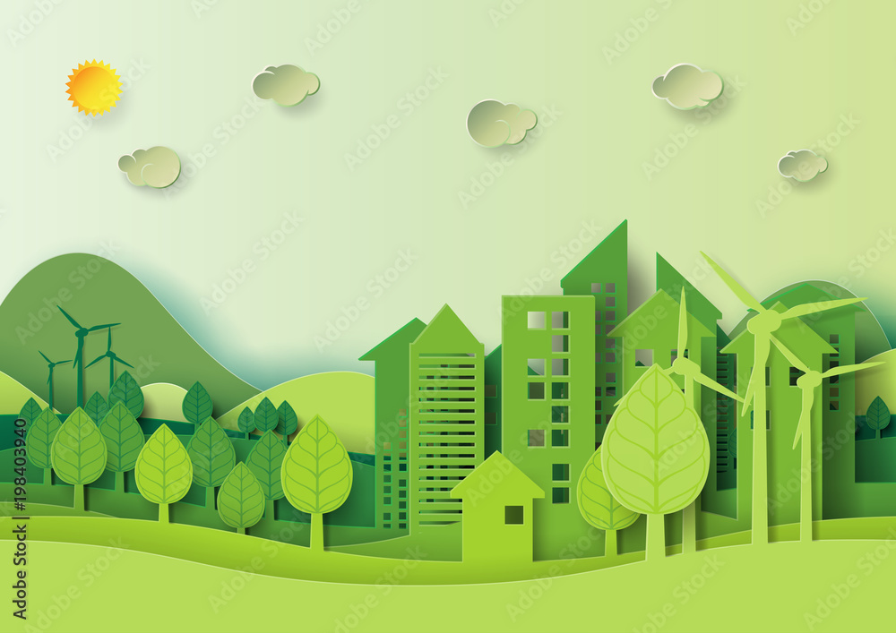 Ecology and environment conservation creative idea concept design.Eco green urban city and nature landscape background paper art style.Vector illustration.