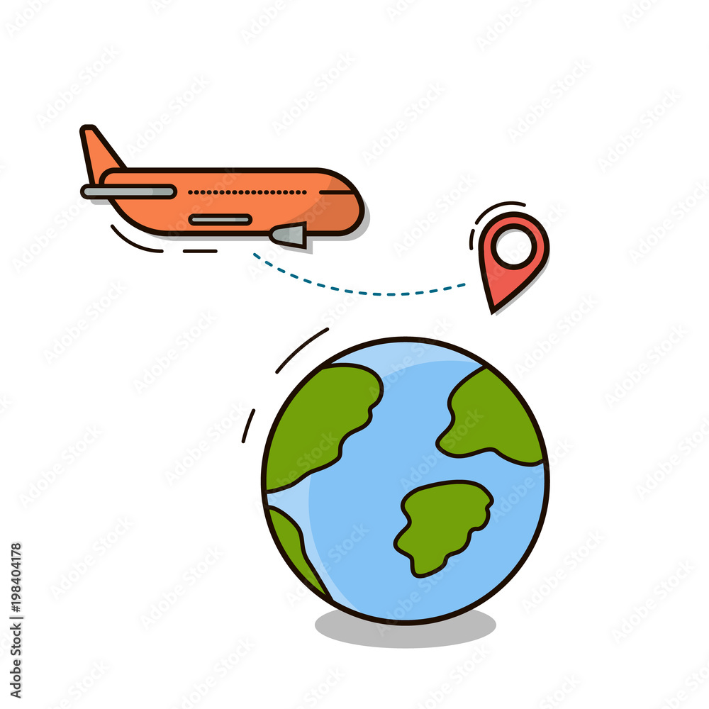 Travel Icon Isolated Plane Fly Over World Globe With Map Pointers Vector Illustration Travel Icon Isolated Plane Fly Over World Globe With Map Pointers Vector Illustration