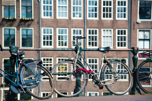 Bicycles on the bridge in Amsterdam, Netherlands