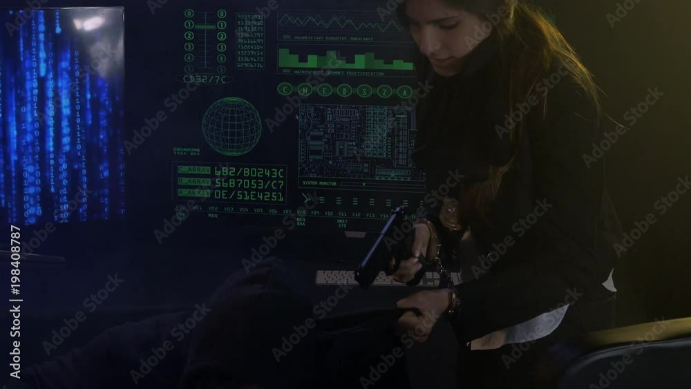 Police woman arresting criminal hacker after being kidnapped closeup