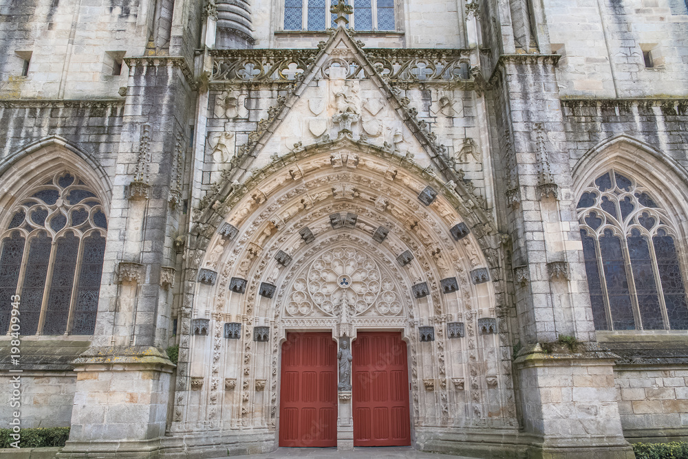 Quimper in Brittany, the Saint-Corentin cathedral, beautiful entry porch
