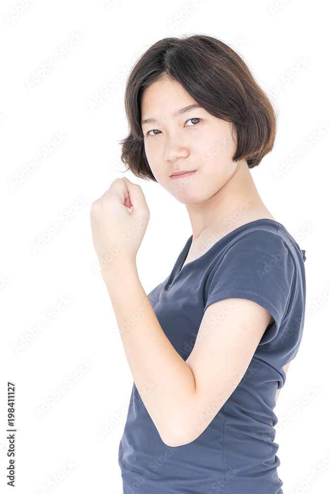 Young female short hair with blank gray t-shirt Young female short hair with blank gray t-shirt