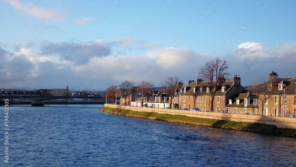 Fototapeta premium View of Inverness river with old building and blue sky, Scotland, UK