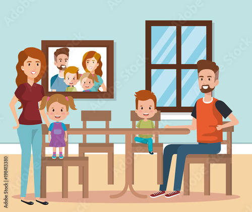 cute family happy in the dining room characters