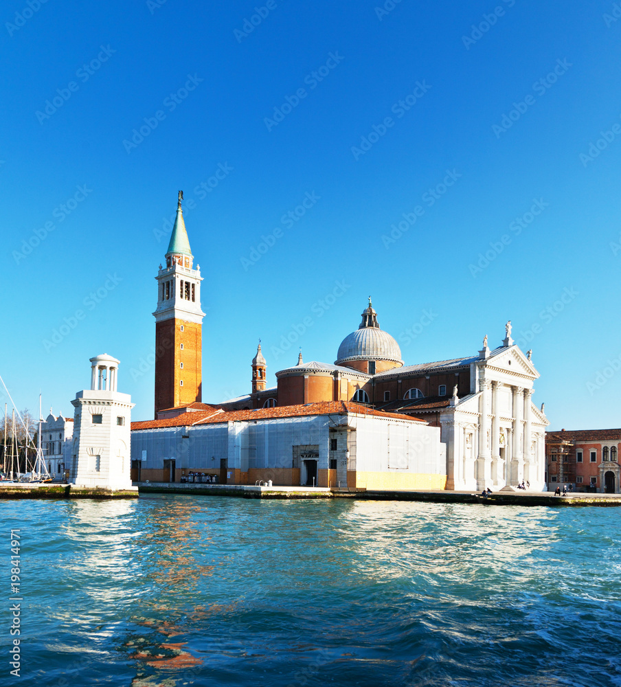 Venice. View from the water at the Cathedral of San Giorgio Maggiore in the sunset