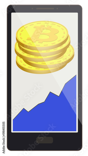 bitcoin coins with growth graph on a phone screen