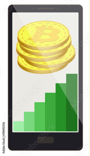 bitcoin coins with growth graph on a phone screen