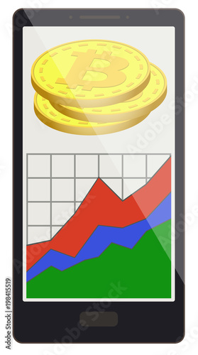 bitcoin coins with growth graph on a phone screen