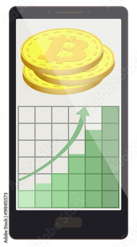 bitcoin coins with growth graph on a phone screen