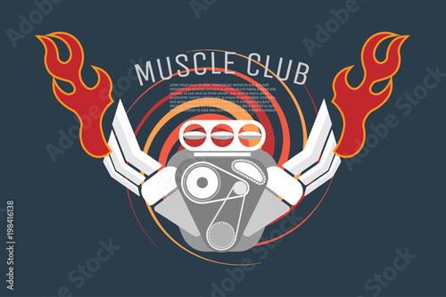 Engine of muscle retro car logo isolated on blue background. Vector illustration design. EPS10  