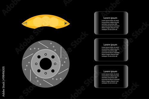 Disc brake and yellow caliper isolated on black background and glass banner for text decoration, Automotive parts concept.Vector illustration design. EPS10