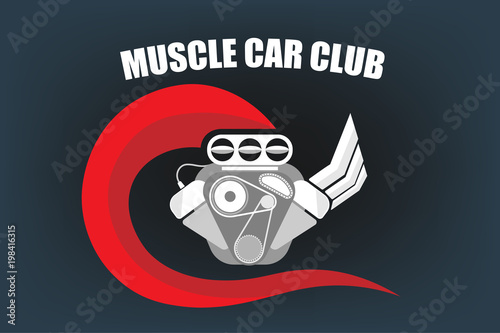 Engine of muscle retro car logo isolated on blue background. Vector illustration design. EPS10  