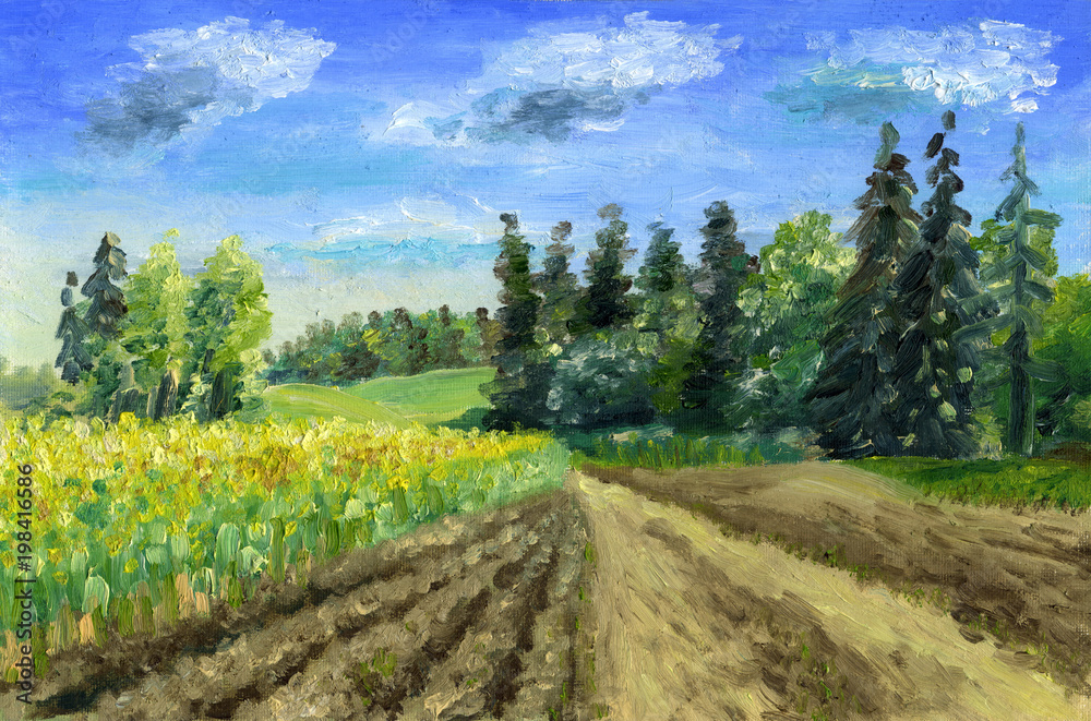 Blossoming spring field. Oil painting onn canvas. Coniferous forest, fresh arable land and field road leaving into the distance. Sunny day, blue sky with light clouds. The countryside.