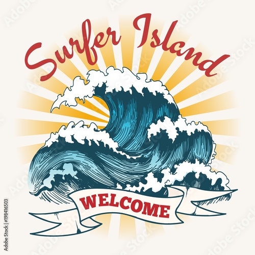 Surf wave poster. Surfer island vintage logo, painting ocean seascape with big waves vector illustration