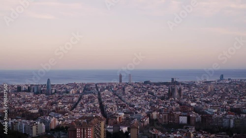 A time lapse of Barcelona, Spain. It is sunset time and the sun is almost gone. The Mediterranean sea is at the back. The view is taken from the antiaircraft refugee.