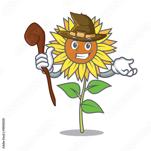 Witch sunflower mascot cartoon style