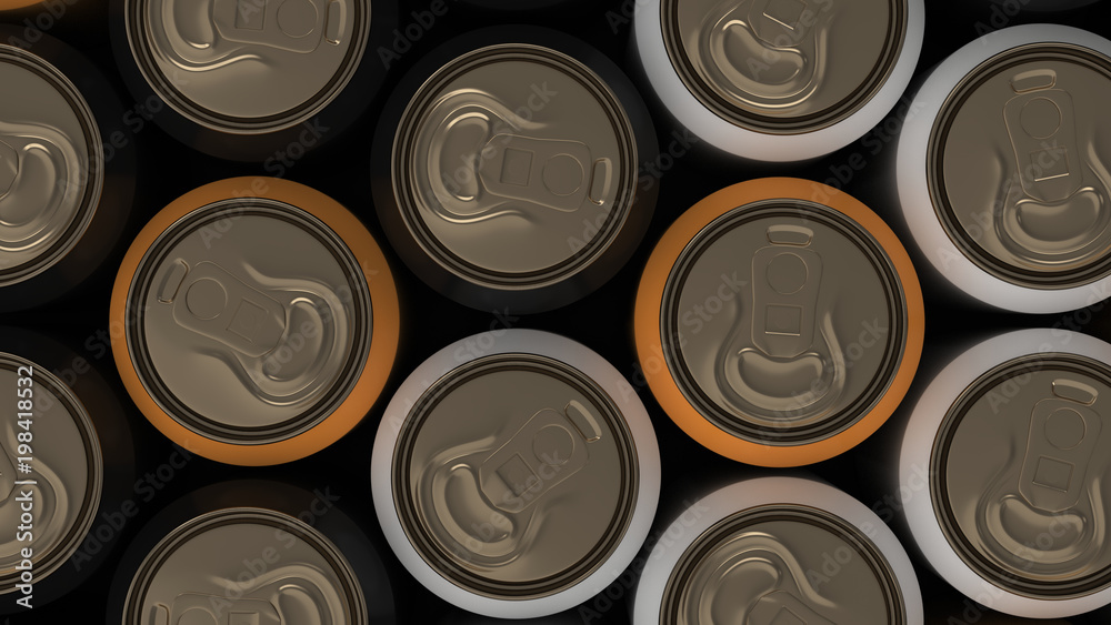 Big black, white and orange soda cans on black background Big black, white and orange soda cans on black background