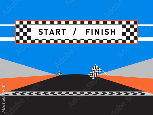 Finish line and checkered flag of race car event in a racetrack with a blue background.  Vector illustration. EPS10