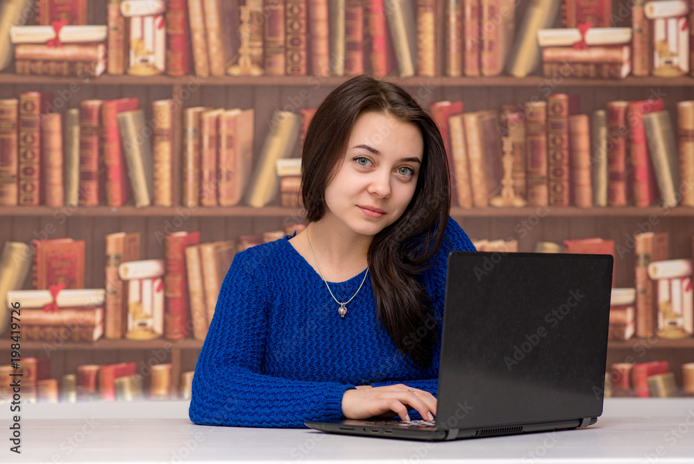 Cute brunette beautiful girl in different poses shows different emotions on different backgrounds in different clothes