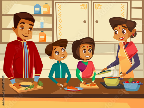 Vector cartoon Indian family characters cooking at kitchen together concept. Happy hindu man, woman parent father mother boy girl children preparing vegetables meal. Kitchen interior background