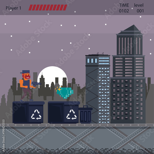 Pixelated urban videogame scenery for fight vector illustration graphic design