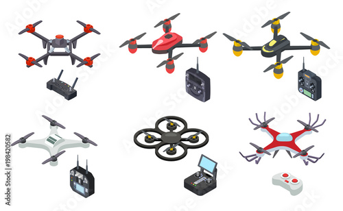 Drones isometric icons isolated on white background. Unmanned aircrafts drones with controllers vector illustration