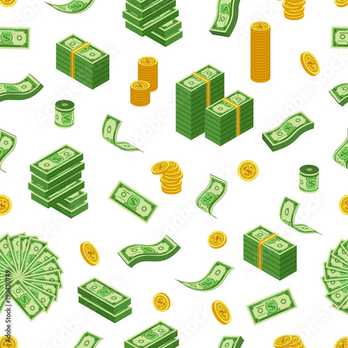 Dollar coins, bills and bundles pattern, vector illustration