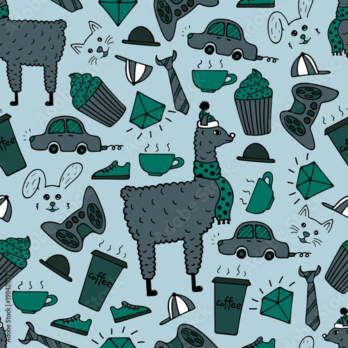 Cute hand-drawn seamless pattern of a lama in a cap and a scarf. Hand-drawn gentle pictures.