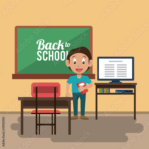 Schoolboy in classroom cartoon vector illustration graphic design