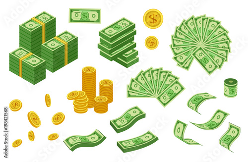 Сollection of dollar coins and bills. Signs and symbols of the American dollar banknotes bundles vector illustration
