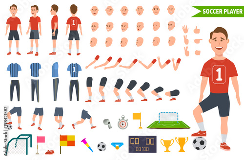 Footballer character constructor. Soccer player different postures, legs, hands, hairstyle, face, football uniform, boots. Vector illustration