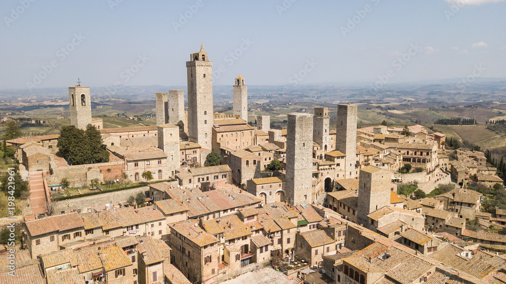 Drone aerial landscape of the wonderful village of San Gimignano. A Unesco World Heritage. Tuscany, Italy