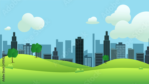 Meadow landscape with city on background vector illustration.Public park and town with sky background.Beautiful nature scene.