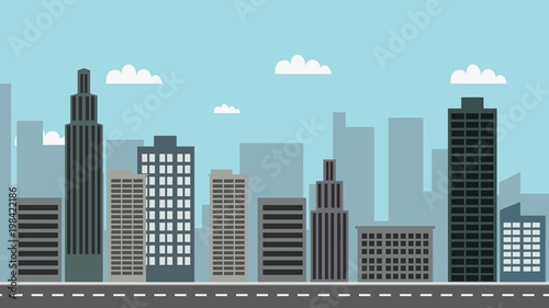 Cityscape with sky background vector illustration.Town design with main street and clouds.Street road with city landscape.