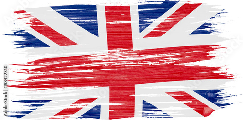 Art brush watercolor painting of UK flag blown in the wind isolated on white background.