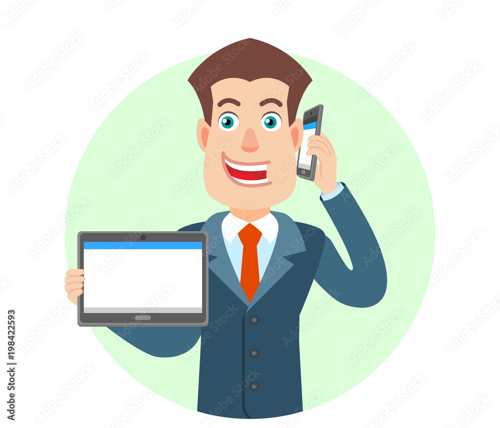 Businessman holding tablet PC and talking on mobile phone